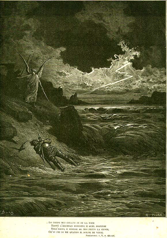 GUstave Dorè, La morte di Buonconte, canto V del Purgatorio